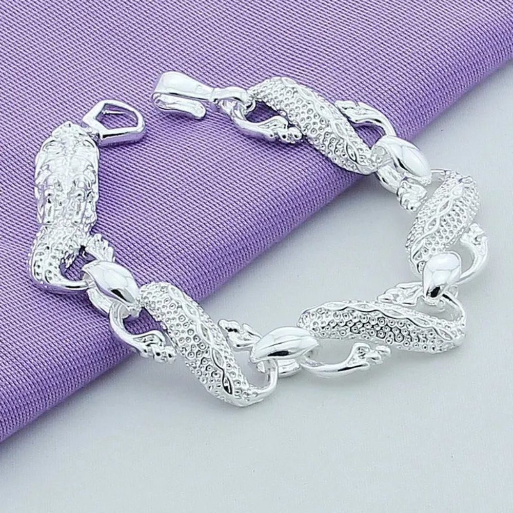 Stunning Full Big Dragon 8" Sterling Silver Stamped Bracelet - Picture 6 of 8
